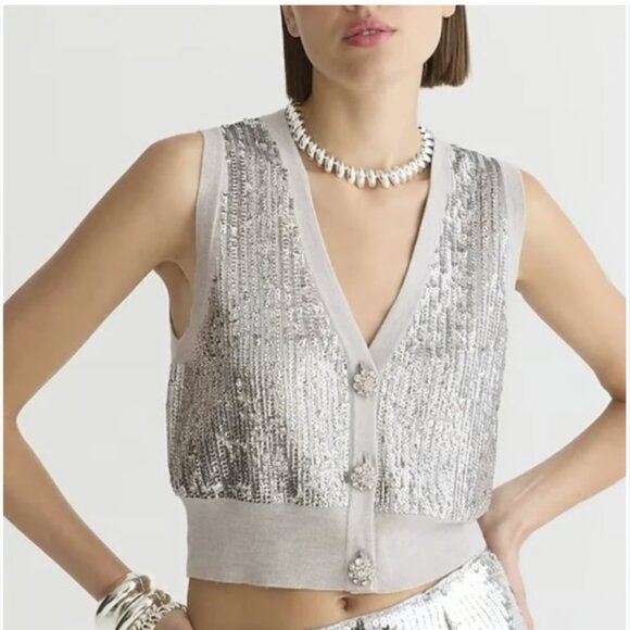 J. Crew Merino Wool V-Neck Sweater-Vest Silver Sequin Gray Embellished Sz Medium - Picture 1 of 14